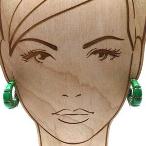 Vintage Green Resin Clip-On Hoop Earrings With Goldtone Accents